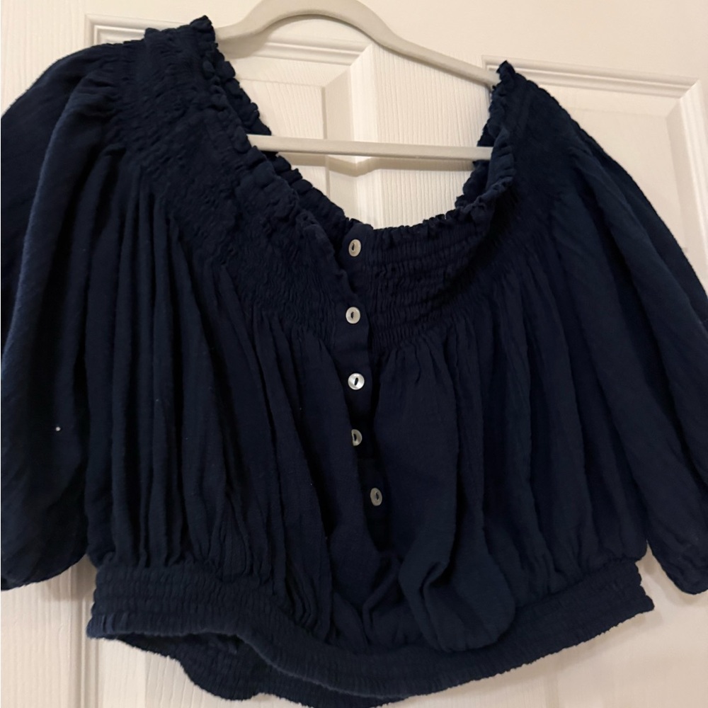 Navy Blue Button-Up Blouse